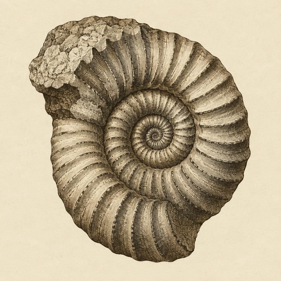 Engraved illustration of a coiled ammonite shell showing ribbing and the inner whorls