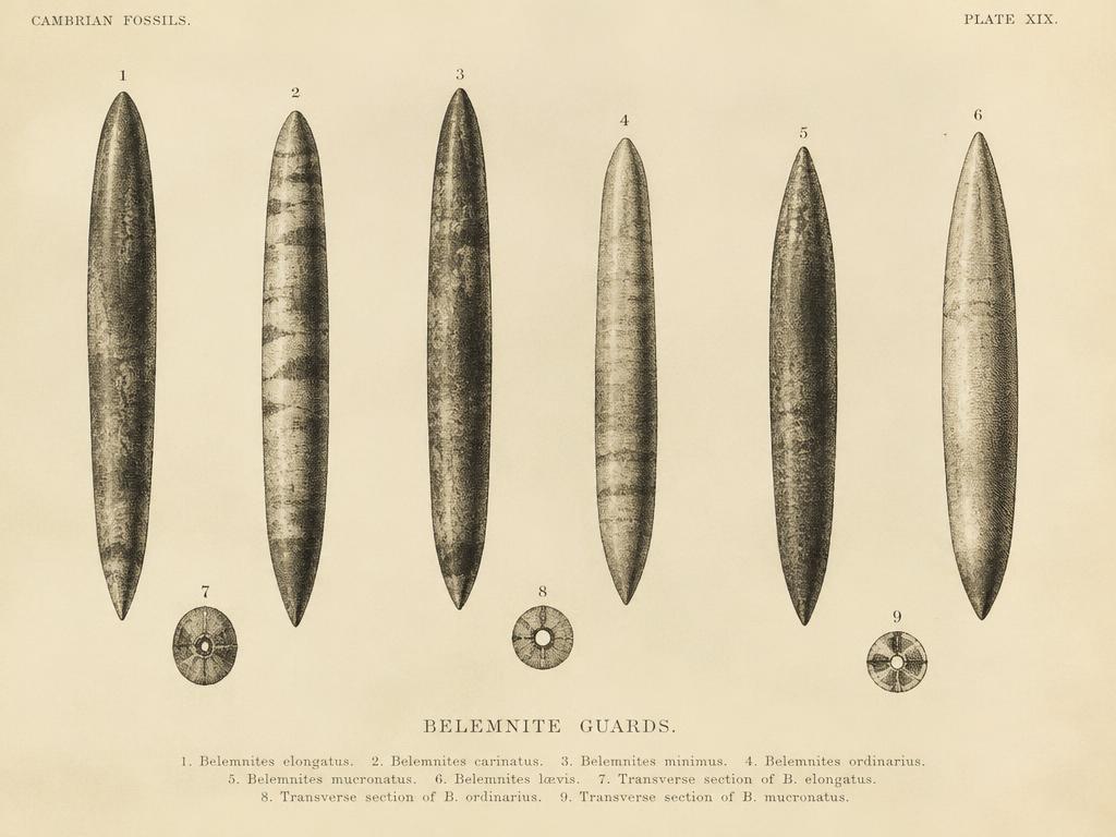 Belemnite guards from a Jurassic UK coastal deposit, showing the bullet-shaped tapering form and cross sections