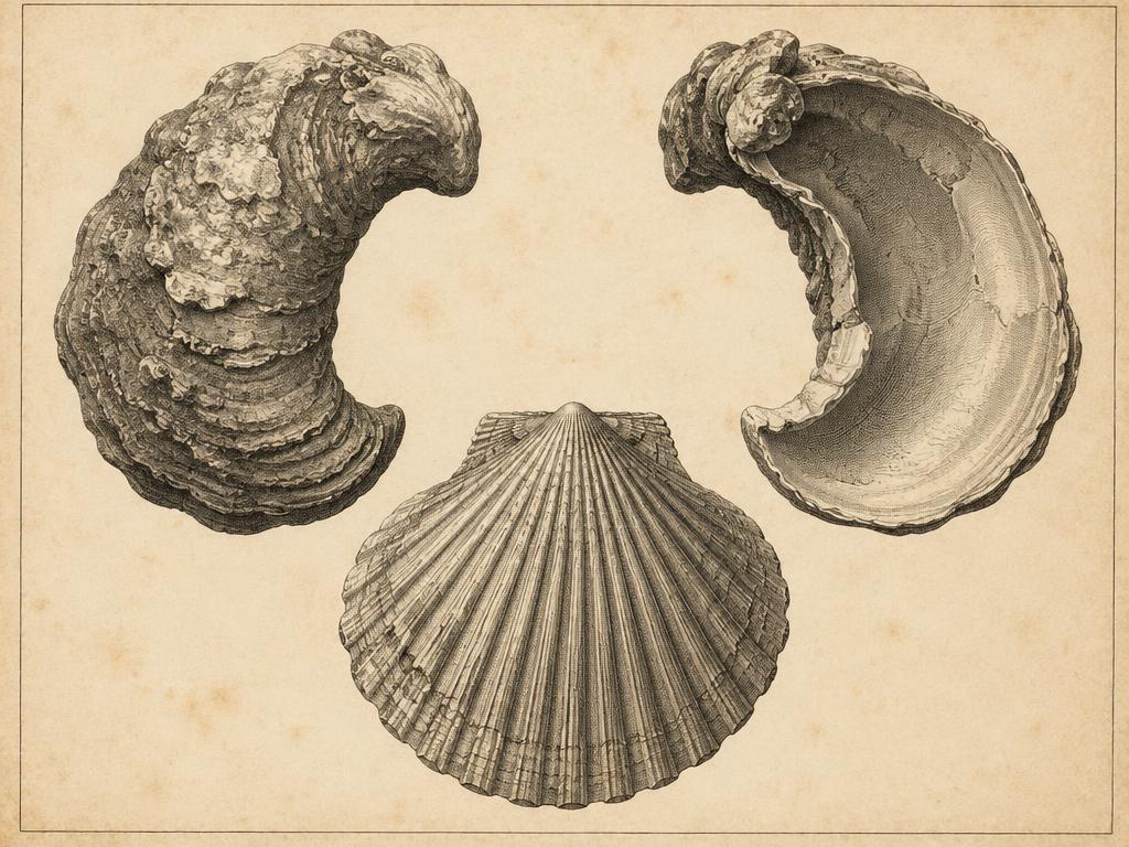 Fossil bivalves: a curved Gryphaea oyster shown from two sides and a ribbed fossil scallop shell