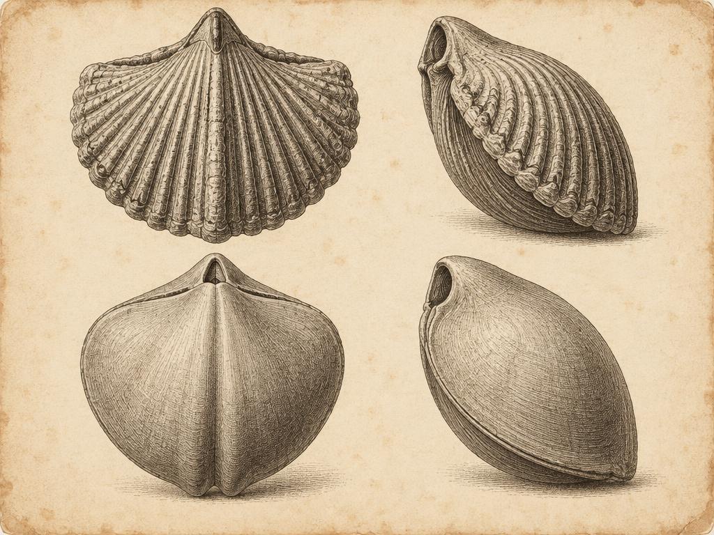 Fossil brachiopods, a ribbed Rhynchonella and a smooth Terebratula lamp shell seen from the front and side