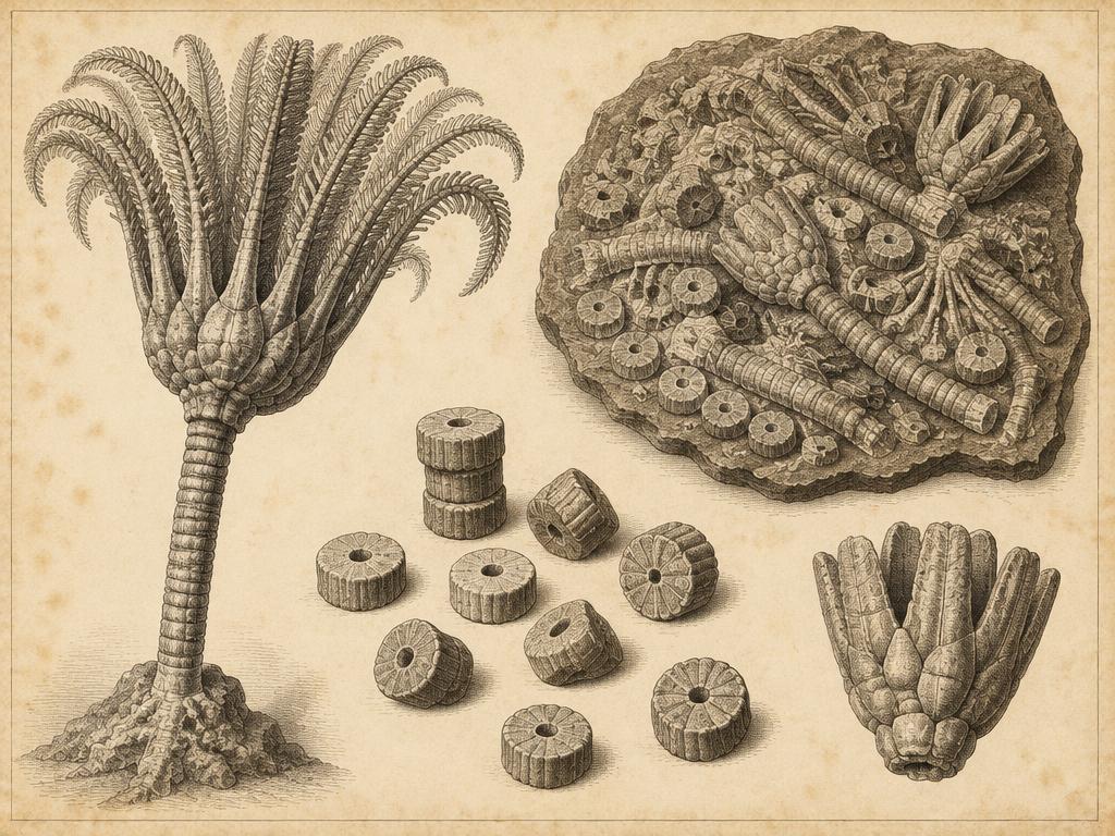 Crinoid sea lily fossil with a feathered crown on a segmented stem, beside loose circular stem segments
