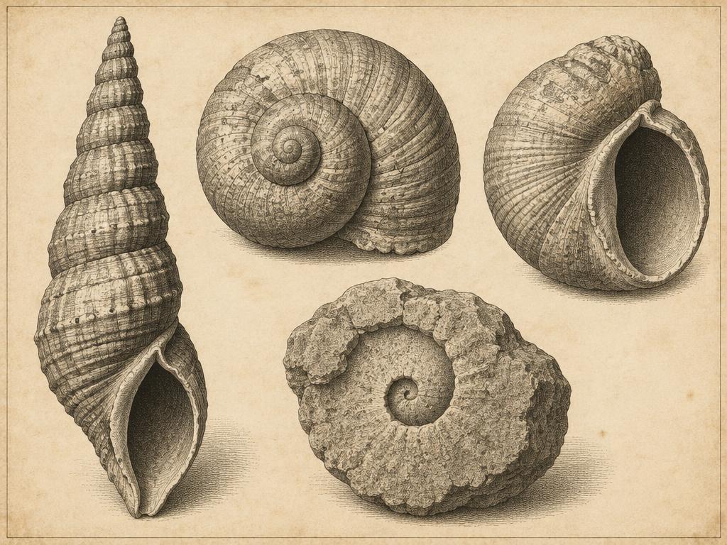 Fossil gastropods, a tall turreted sea snail shell and broad coiled shells with a stone internal cast