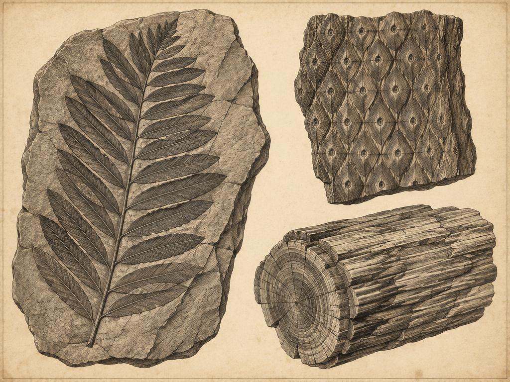 Fossil plants: a fern frond preserved on shale, a Lepidodendron bark fragment with diamond leaf scars and a piece of fossil wood