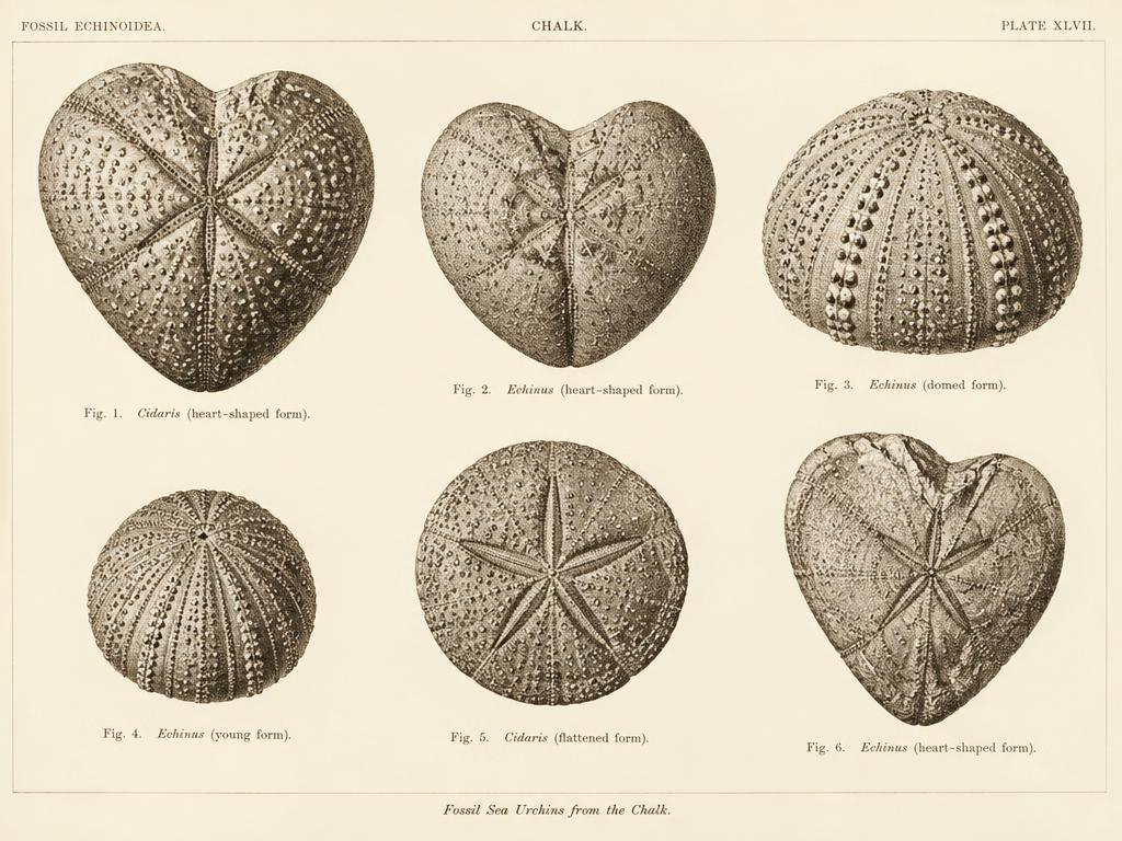 Fossilised sea urchins from chalk, showing heart-shaped and domed forms with the five-part star pattern