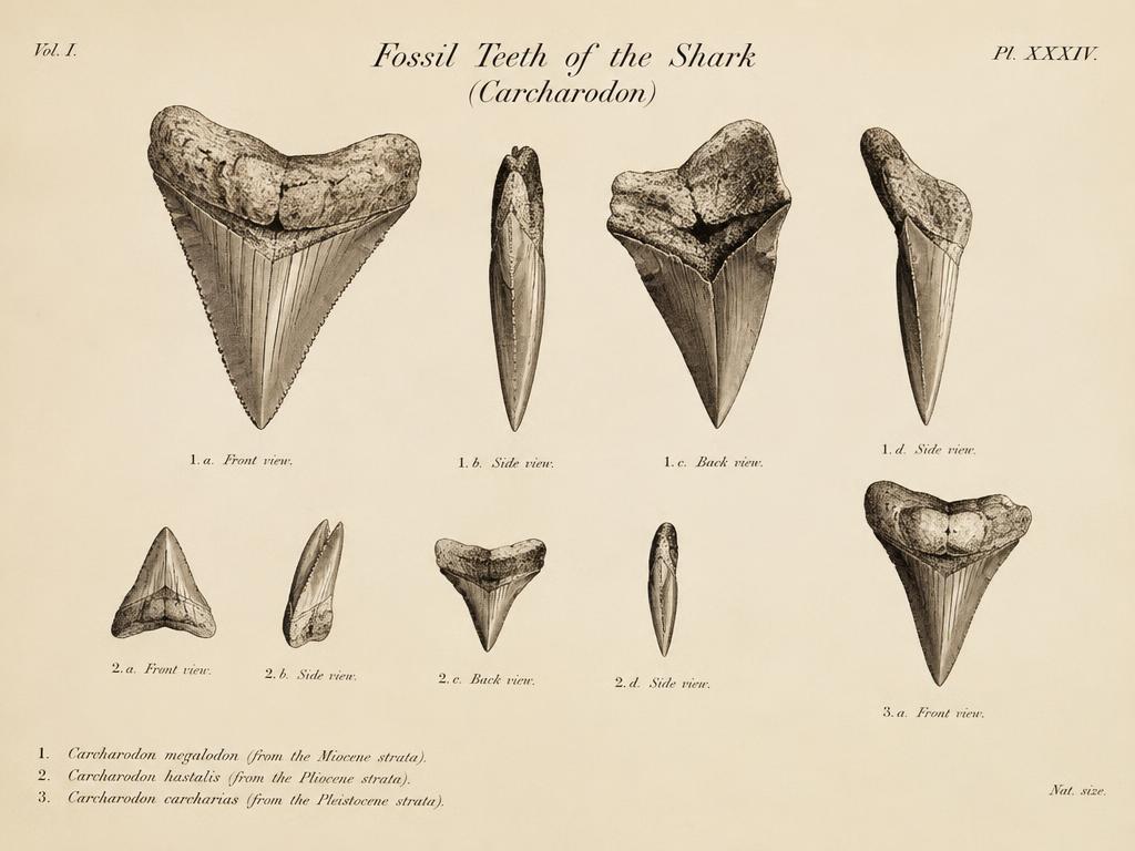 Fossilised shark teeth of the kind found on UK beaches, shown from the front, side and back
