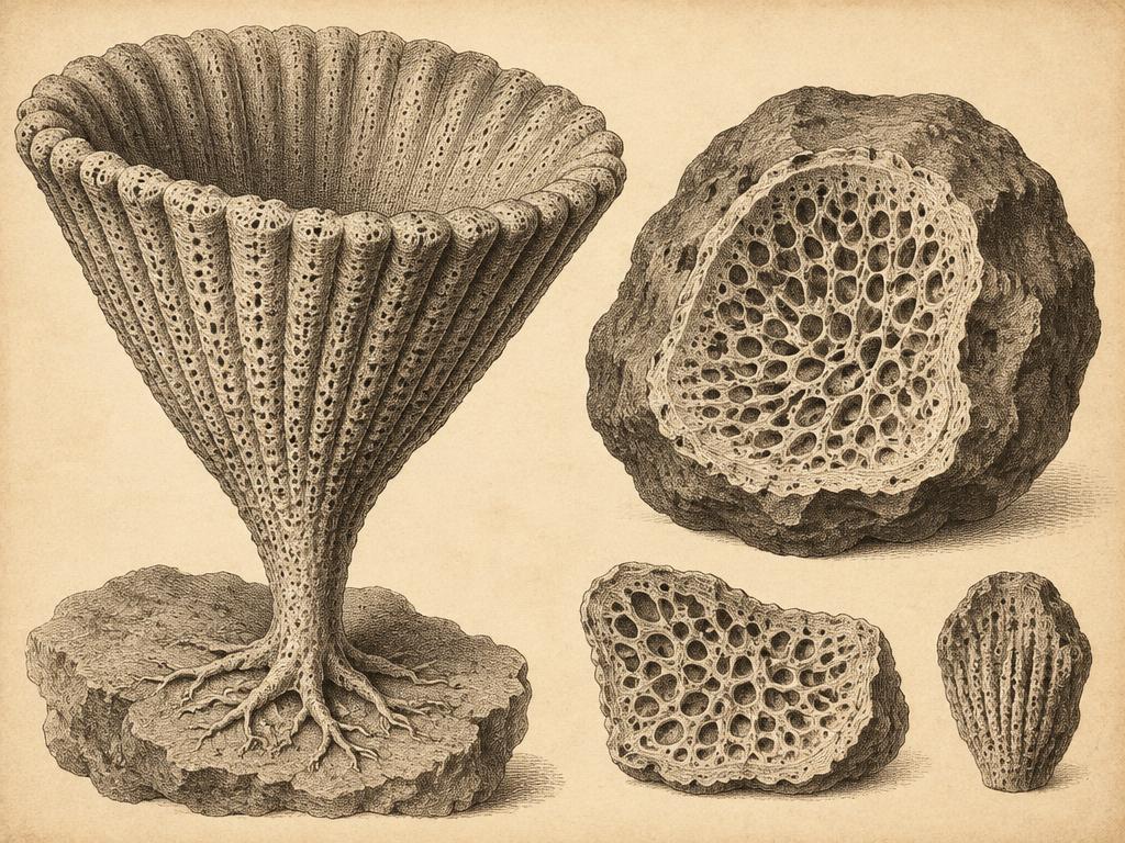 Fossil sponges from the chalk: a ribbed funnel-shaped Ventriculites and flint nodules cut to show the porous internal meshwork